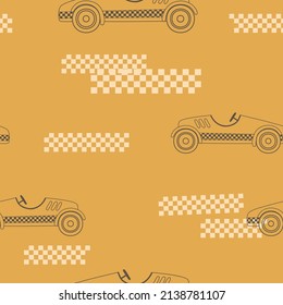 Patrón sin problemas con el coche de carreras de doodle sobre fondo de mostaza. Carrera de fondo digital con elementos dibujados a mano vectorial. Patrón sin fisuras para tela infantil, textil y papel de libro de recortes.