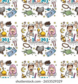 Seamless pattern with doodle ramadan kareem. Vector illustration
