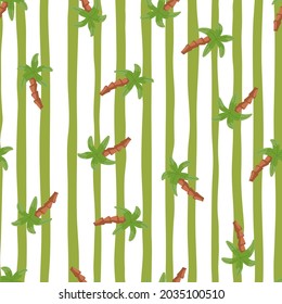 Seamless pattern with doodle random palm tree silhouettes print. Green and white striped background. Designed for fabric design, textile print, wrapping, cover. Vector illustration.