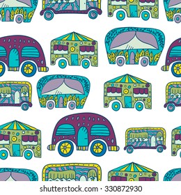 Seamless pattern with doodle recreational vehicles. Cute travel illustration