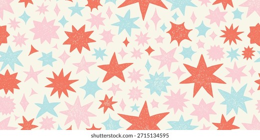 Nahtloses Muster mit doodle roten, blauen und rosa Sternen, endloses Muster. Weihnachtsschmuck, Geburtstagsdesign mit hellem Hintergrund. Trendy moderne Vektorgrafik. Nettes Kritzeldesign für Kinder.