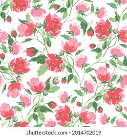 Seamless pattern with doodle red flowers and fresh green leaves on white background. Stock floral illustration.Can be used as a Print for Fabric, Background .
