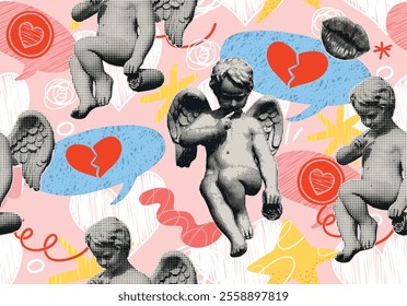 Seamless pattern doodle retro halftone angels cupid with wings for design of Valentine's Day. Halftone texture, dot pop art style. Vector illustration of vintage grunge  design of 90s.