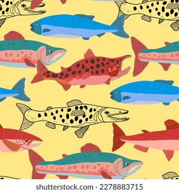 Seamless pattern with doodle salmon fish in modern original trendy style. Colorful vivid print for design. Vector hand drawn illustration.