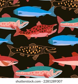 Seamless pattern with doodle salmon fish in modern original trendy style. Colorful vivid print for design. Vector hand drawn illustration.