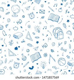Seamless pattern of doodle school supplies with thin hand drawn line. Back To School Background. Back to school super shopping, sale. Vector illustration