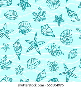 Seamless pattern with doodle sea creatures. Summer watercolor background. Water waves. Hand drawn vector illustration.