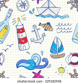 Seamless pattern with doodle sea elements. Vector illustration