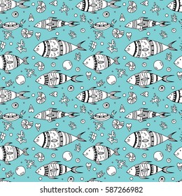 Seamless pattern with doodle sea elements. Vector illustration, zen art fishes, coral, bubble and shells