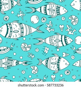 Seamless pattern with doodle sea elements. Vector illustration, zen art fishes, coral, bubble and shells