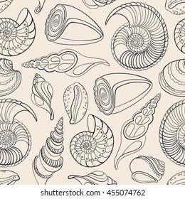Seamless pattern with doodle seashell. Zentangle. Line marine background. Can be used for wallpaper, textile, fabric, surface textures and coloring book. Vector illustration.