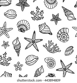 Seamless pattern with doodle seashells, corals and starfishes. Hand drawn vector illustration.