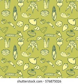 Seamless pattern, doodle set, flat designs of vegetables asparagus, eggplant, tomato, pepper, zucchine, jalapeno, turnip, healthy food.