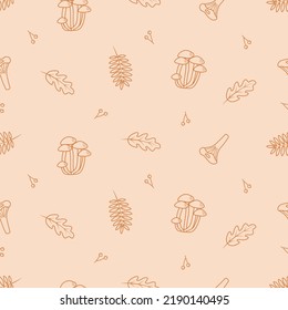 Seamless pattern Doodle set of tree leaves and mushrooms, autumn concept, vector illustration.