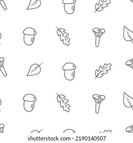 Seamless pattern Doodle set of tree leaves and mushrooms, autumn concept, vector illustration.