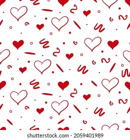 Seamless pattern with doodle shapes and red hearts. Flat vector background for festive wrapping paper for valentine's day