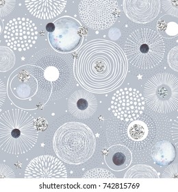 Seamless pattern with doodle, silver foil and watercolor circles randomly distributed, vector abstraction illustration for Christmas and New Year.