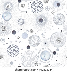 Seamless pattern with doodle, silver foil and watercolor circles randomly distributed, vector  illustration on white background for Christmas and New Year.