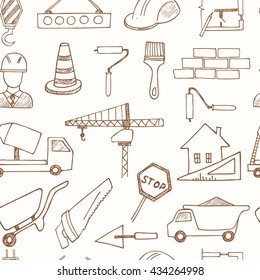 Seamless pattern with doodle sketch Architecture Construction Building icons isolated vector illustration