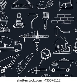 Seamless pattern with doodle sketch Architecture Construction Building icons vector illustration