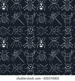 Seamless pattern with doodle sketch Bugs and beetles. Insects collection kit. vector illustration