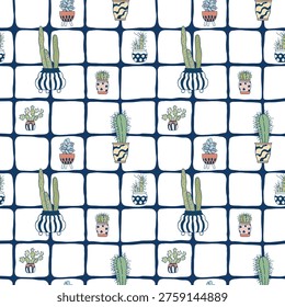 Seamless pattern in doodle sketch style with hand drawn cacti in pots on grid background. Cute boho style succulent illustration. Vector texture for textile, print, packaging. Modern cactus design
