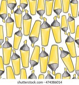 seamless pattern with doodle sketch of yellow felt pen marker, vector illustration isolated on the white background, hand-drawn for school or office stationery