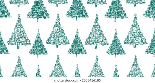 Seamless pattern of doodle sketches abstract decorative christmas trees,  vector hand drawn  background, wallpaper, wrapping paper, textile