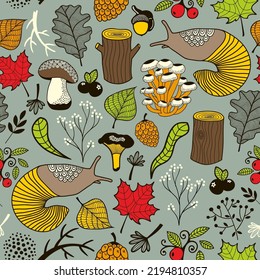 Patrón sin foco con babosas de doodle y hojas de otoño. Ilustración vectorial.