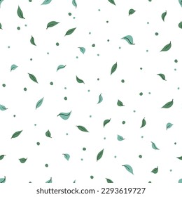 Seamless pattern with doodle small leaves and dots. Floral print with hand drawn foliage. Natural green background. Vector illustration for wrapping, textile, packaging