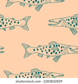 Seamless pattern with doodle smiling fish. Hand drawn lineart. Vector illustration.
