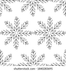 Seamless pattern with doodle snowflakes. Hand drawn floral elements