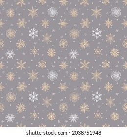 Seamless pattern with doodle snowflakes on neutral brown background. Can be used for wallpaper, pattern fills, textile, web page background, surface textures