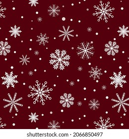 Seamless pattern with doodle snowflakes on a burgundy background. Christmas Pattern for gifts. White snowflakes. Flat vector illustration