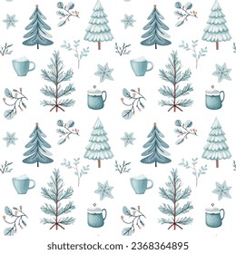 Seamless pattern with doodle snowy trees and cups. Vector christmas elements. Winter background