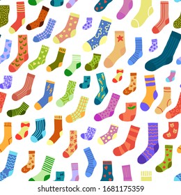 Seamless pattern with doodle socks with different texture and color. Winter trendy clothing items background