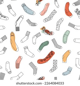 Seamless pattern with doodle socks. Wool, cotton warm accessories with modern patterns. Unisex clothes. Black line and colorful shapes. Vector illustration