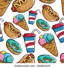 Seamless pattern of doodle soda cup, donut, hot dog and ice cream