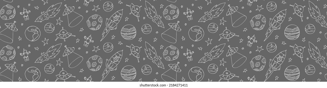 Seamless pattern with doodle space objects. Hand drawn background. Vector illustration.