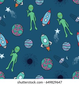 seamless pattern of doodle space objects with alien rocket and planets on dark blue background