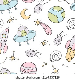 Seamless pattern with doodle space, stars, rockets, planets