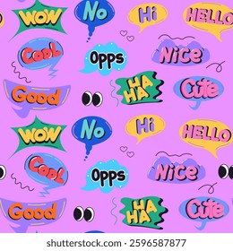 Seamless pattern with doodle speech bubble with text. Cartoon isolated vector illustration.