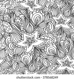 Seamless pattern with doodle starfishes and seaweeds in black white or template for underwater world or for coloring page or relax coloring book