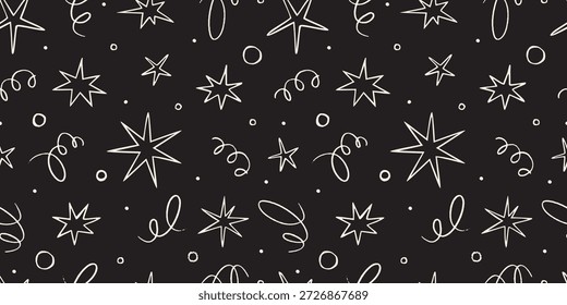 Padrão contínuo com estrelas de doodle, confetes e linhas abstratas. Desenhos brincalhões desenhados à mão para eventos de celebração. Ilustração vetorial na moda sobre fundo preto, estilo de esboço