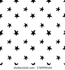 Seamless pattern of Doodle stars drawn in black liner on a white background. Contour vector image of stars. Print for textiles, packaging, wrapping paper.