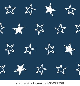 Seamless pattern with doodle stars, white on blue.