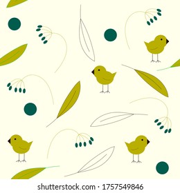 seamless pattern in doodle style with bird and twigs. retro print for fabric
