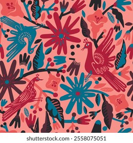 Seamless pattern, doodle style, birds and flowers, pink, abstract, endless, all over print to use textile, fabric, clothing, backdrop, wallpaper, home textile, clothing, fashion, packaging.