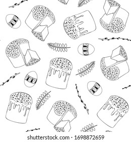 Seamless pattern in the Doodle style. Black and white illustration for Easter. Set of cakes with eggs and willow branches