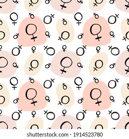 Seamless pattern with doodle style black ink planet venus sign and geometric shapes in pink neutral colors. On white background. Stock vector illustration.
